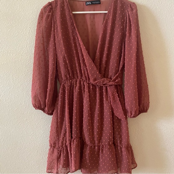 Zara Rose Pink Swiss Dot V-Neck Long Sleeve Wrap Romper Mini Dress Size XS - Picture 2 of 11